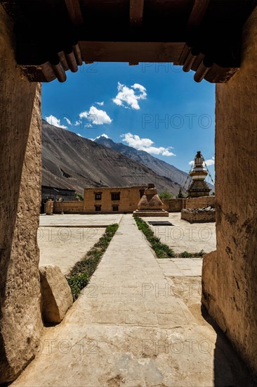 Tabo monastery of Tibetan Buddhist Gelug sect made of clay in Tabo village. Monastery is built on high Himalaya plato in tradition of Tibetan Buddhism. Tabo