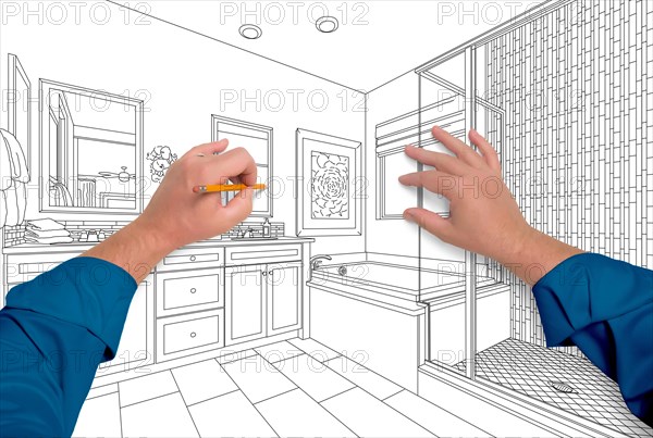 Male hands sketching beautiful custom bathroom