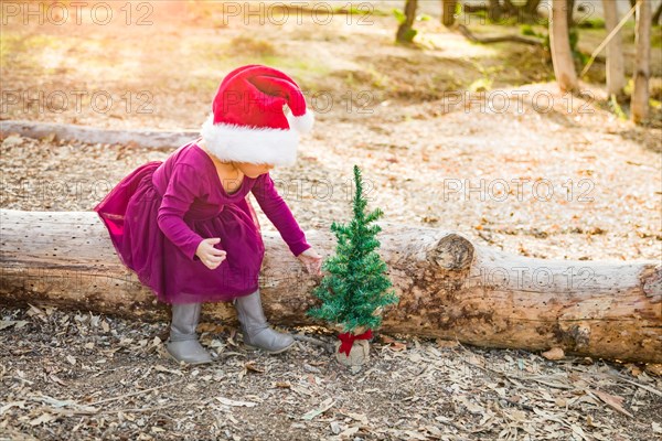 Cute mixed-race young baby girl having fun with santa hat and christmas tree outdoors on log