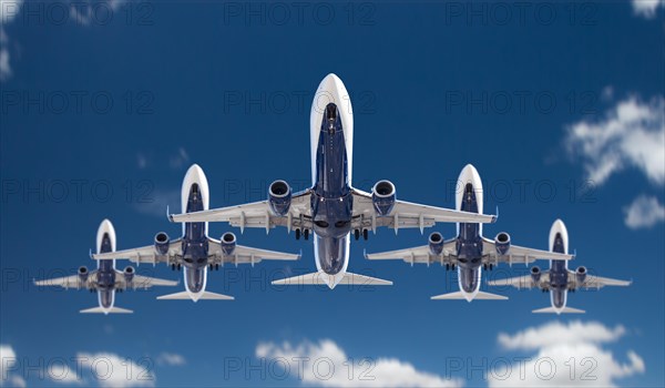 Bottom view of five passenger airplanes flying in formation in the blue sky