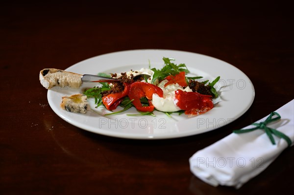 Foodfotografie in einem Restaurant mit einem fruehlingshaft frischem mediterranen Salat aus Paprika