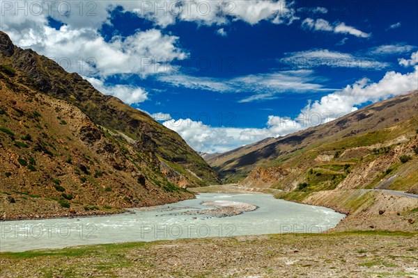 Chandra river in Lahaul valley in Himalayas. Himachal Pradesh