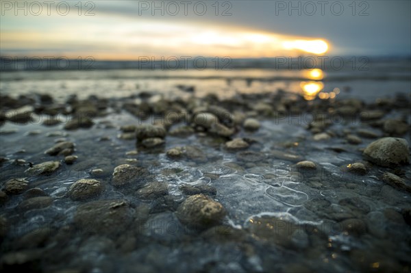 Sunrise on a wintry lake in bad weather