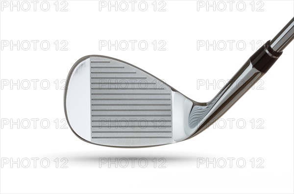 Face of chrome golf club wedge iron on white