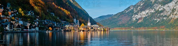 Panorama of Austrian tourist destination Hallstatt village on Hallstatter See in Austrian alps in autumn. Salzkammergut region