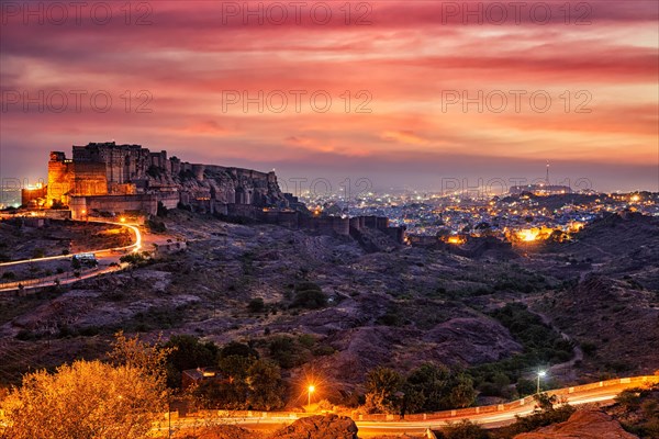 Famous indian tourist landmark Mehrangarh fort in twilight. Jodhpur