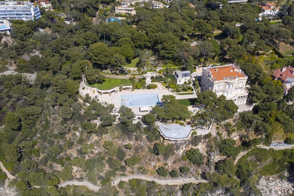 Aerial view of the Villa Del Mare estate at Cap Martin with pool and helipad