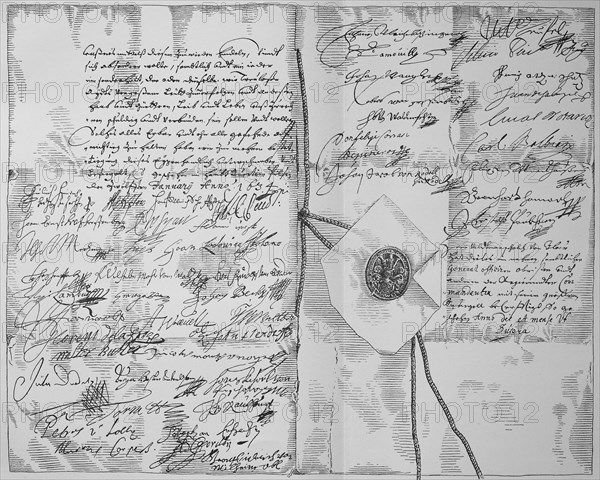 The last two pages of the First Pilsener Schlussen with the signatures of Wallenstein's 49 officers