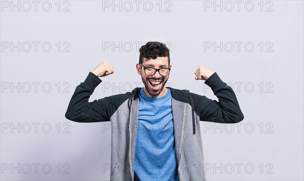 Person with Happy face raising arms in victory gesture isolated