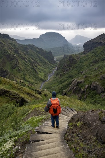 Hikers on hiking trail with steps