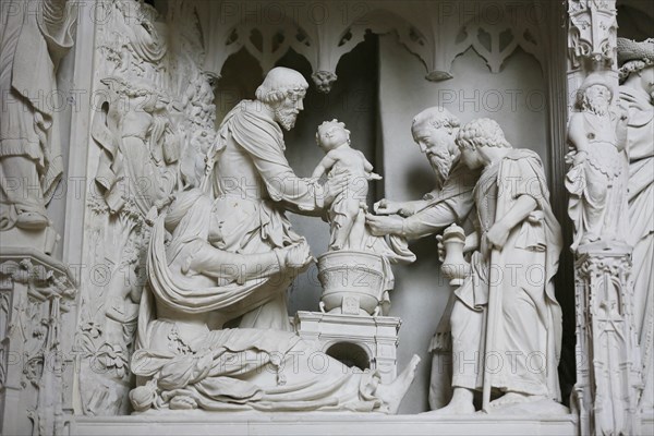 Stone sculptures Scenes from the Life of Jesus and Mary on the choir screen of Notre Dame of Chartres Cathedral