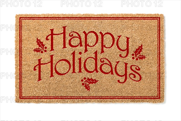 Happy holidays christmas tan welcome mat isolated on white background