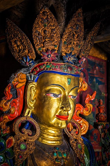 Maitreya Buddha statue close up Tibetan monastery Thiksey Gompa. Ladakh