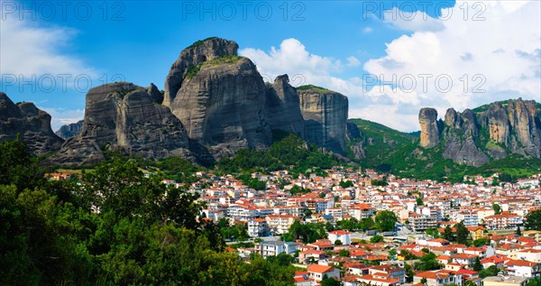 Panorama of scenery landscape and Kalambaka village in famous greek tourist destination Meteora in Greece