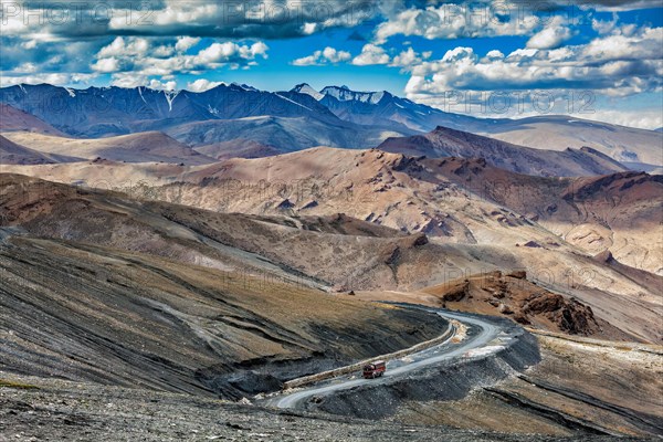 Indian lorry truck on road in Himalayas near Tanglang la Pass