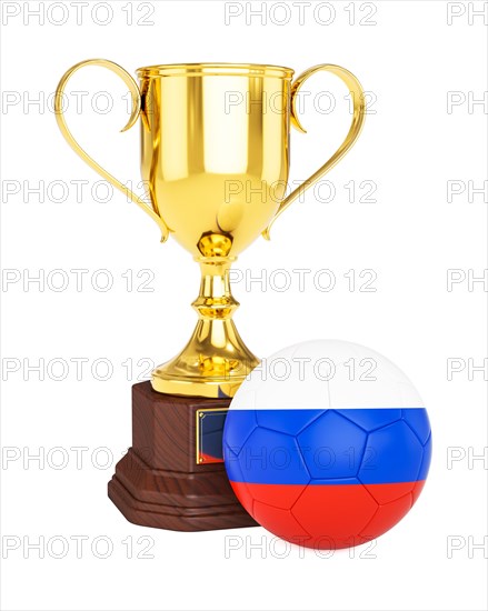 3d rendering of gold trophy cup and soccer football ball with Russia flag isolated on white background