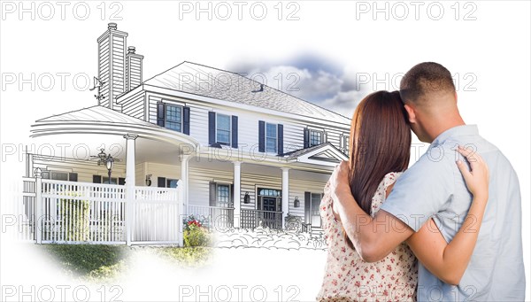 Military couple looking at house drawing and photo combination on white