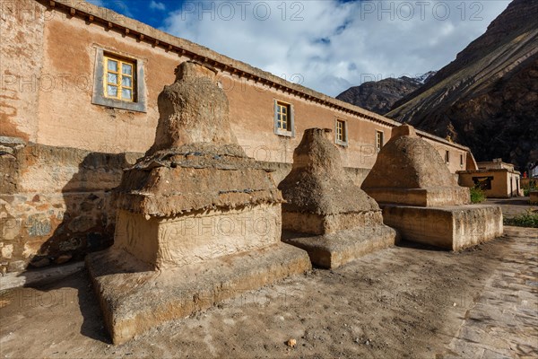 Buddhist Tabo monastery building and gompas made of clay in Tabo village Spiti Valley