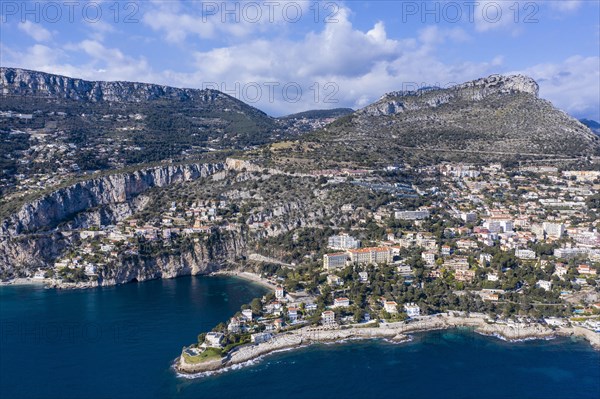 Aerial view of the coast of Cap d'Ail with Plage Mala