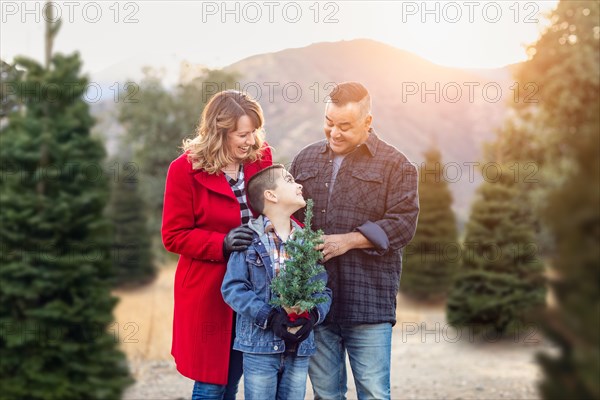 mixed-race family outdoors at christmas tree farm