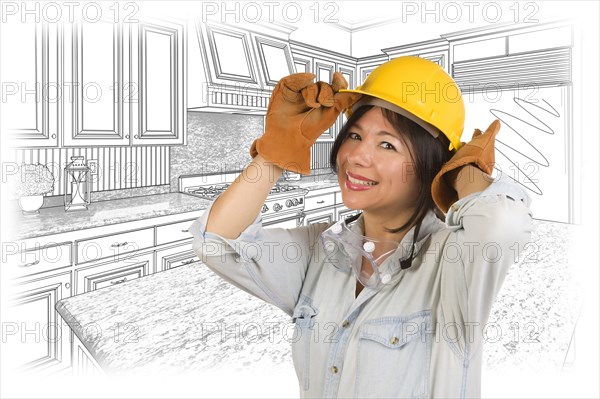 Pretty hispanic woman in hard hat and gloves with kitchen drawing behind