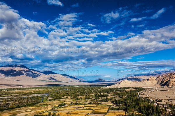 Himalayan landscape of historic Indus valley surrounded by Karakoram range of Himalaya mountains