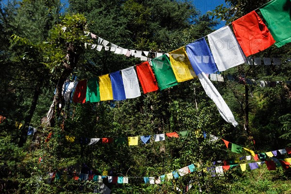 Buddhist prayer flags lungta with Om Mani Padme Hum Buddhist mantra prayer meaning Praise to the Jewel in the Lotus on kora around Tsuglagkhang complex