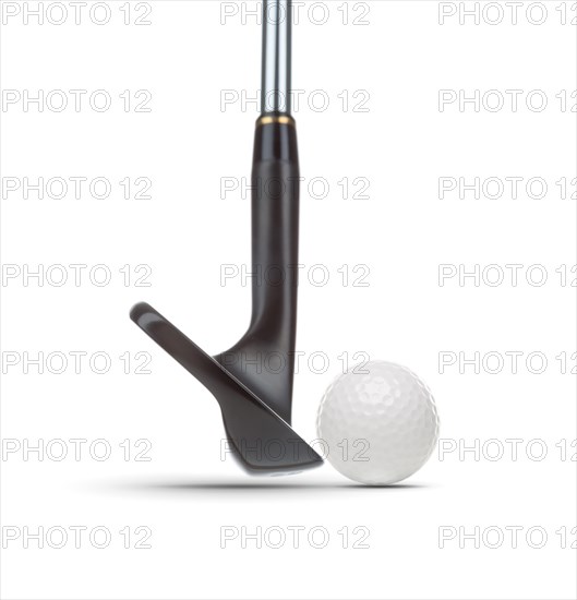 Black golf club wedge iron and golf ball on white background