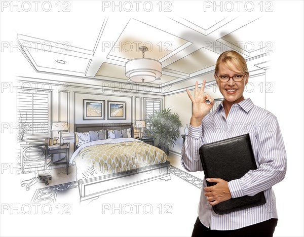 Woman with okay sign over beautiful custom bedroom drawing photo combination