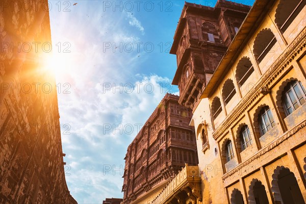 Mehrangarh fort famous indian tourist landmark view from below. Jodhpur