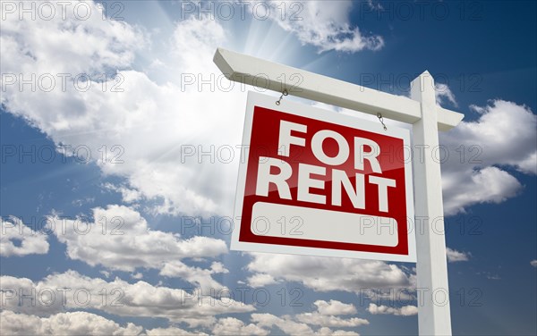 Left facing for rent real estate sign over clouds and sunny sky with room for text