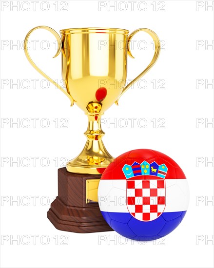 3d rendering of gold trophy cup and soccer football ball with Croatia flag isolated on white background