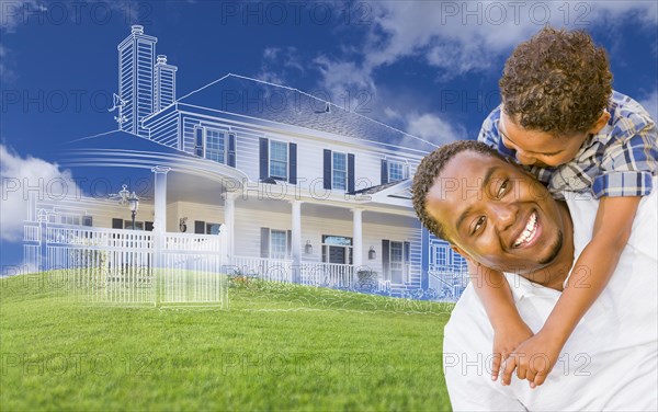 mixed-race father and son piggyback with ghosted house drawing