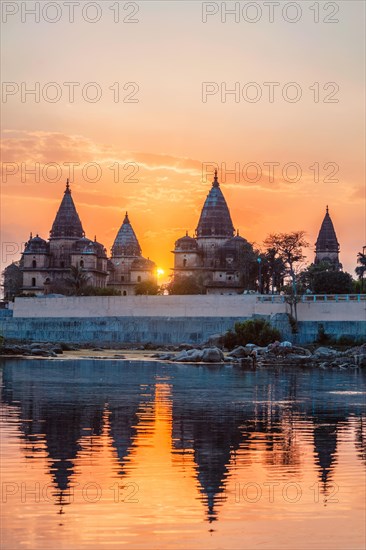 View of Royal cenotaphs of Orchha over Betwa river. Orchha