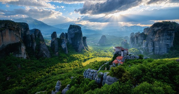 Panorama of sunset over monastery of Rousanou and Monastery of St