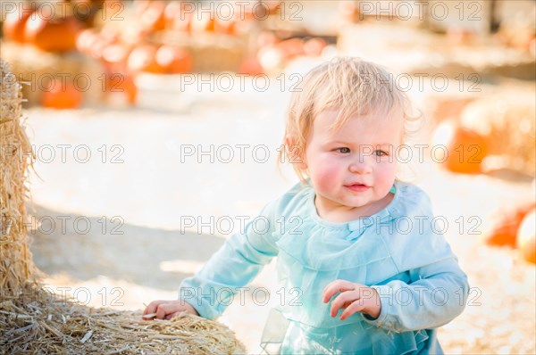 Adorable baby girl having fun in a rustic ranch setting at the pumpkin patch