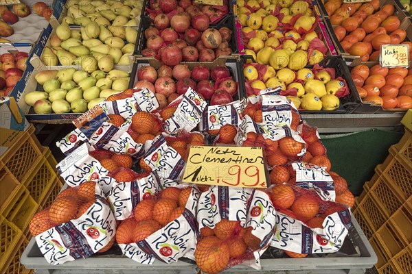 Clementines in a net and different fruit varieties at a market stall