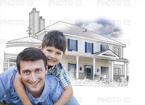 Father and son over house drawing and photo combination on white
