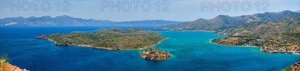 Panorama of Island of Spinalonga with old fortress former leper colony and the bay of Elounda