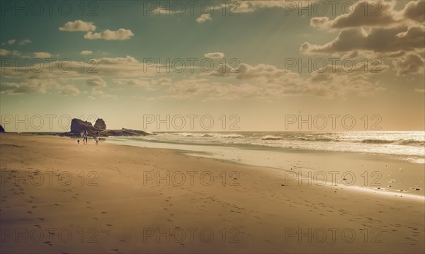 Two surfers walking in the sand on the beach