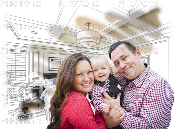 Happy young family with baby over custom bedroom drawing and photo combination