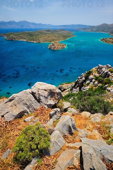 Island of Spinalonga with old fortress former leper colony and the bay of Elounda