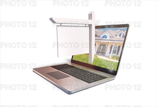 Blank real estate sign popping out of computer laptop screen isolated on a white background