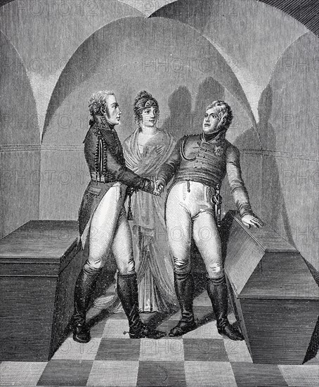Der Abschied Alexanders I. von Friedrich Wilhelm III. und Luise am Sarg Friedrichs des Grossen in der Garnisionskirche zu Potsdam in der Nacht vom 3. auf den 4. November 1806