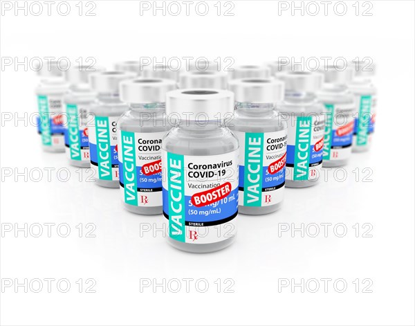 Coronavirus COVID-19 vaccine booster vials on white background