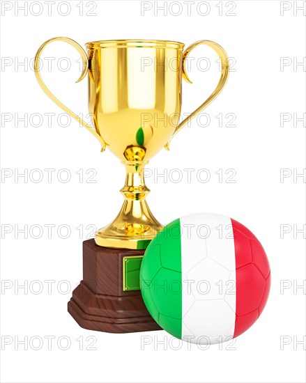 3d rendering of gold trophy cup and soccer football ball with Italy flag isolated on white background