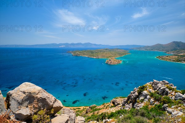 Island of Spinalonga with old fortress former leper colony and the bay of Elounda