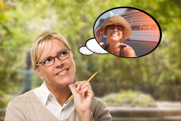 Thoughtful young woman with herself near cruise ship in thought bubble