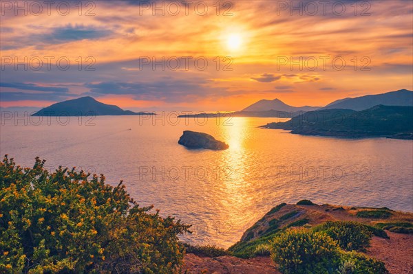 Aegean Sea with Greek islands view on sunset