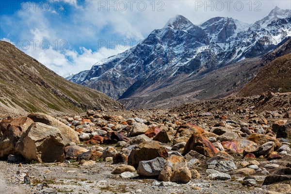 Stone boulders in Lahaul Valley in indian Himalayas